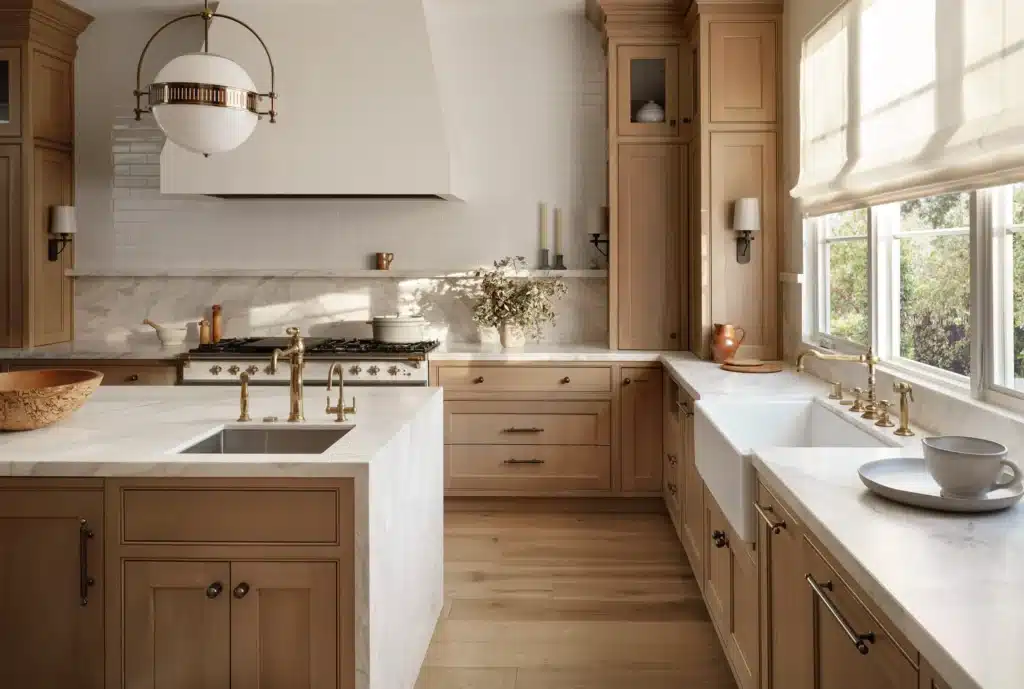 Bright kitchen with beige wooden cabinets, marble countertops, brass faucets, and a large window by a farmhouse sink.